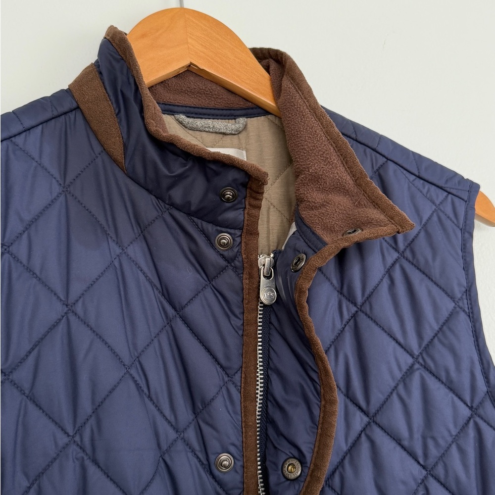 Peter Millar Vest Classic Essex Quilted Traveler Navy Blue and Brown Trim Men’s - Picture 12 of 16